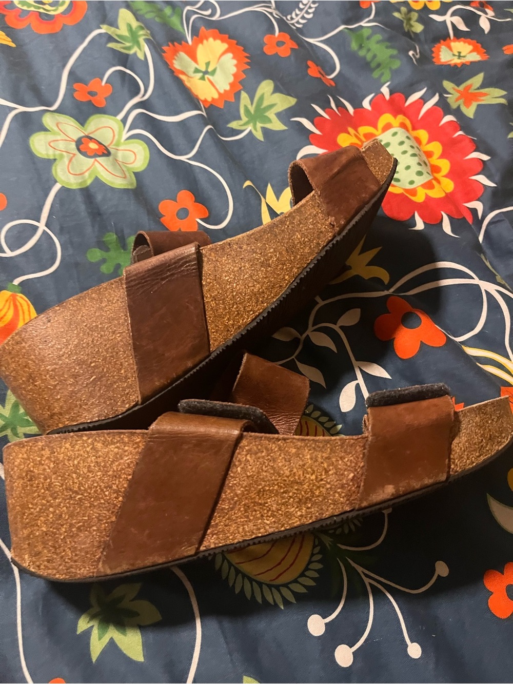 Sz 40 leather Brown Suede Cork Wedge Slides